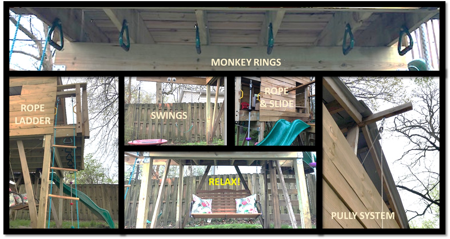 DIY monkey rings, swings, pully, rope ladder and slide